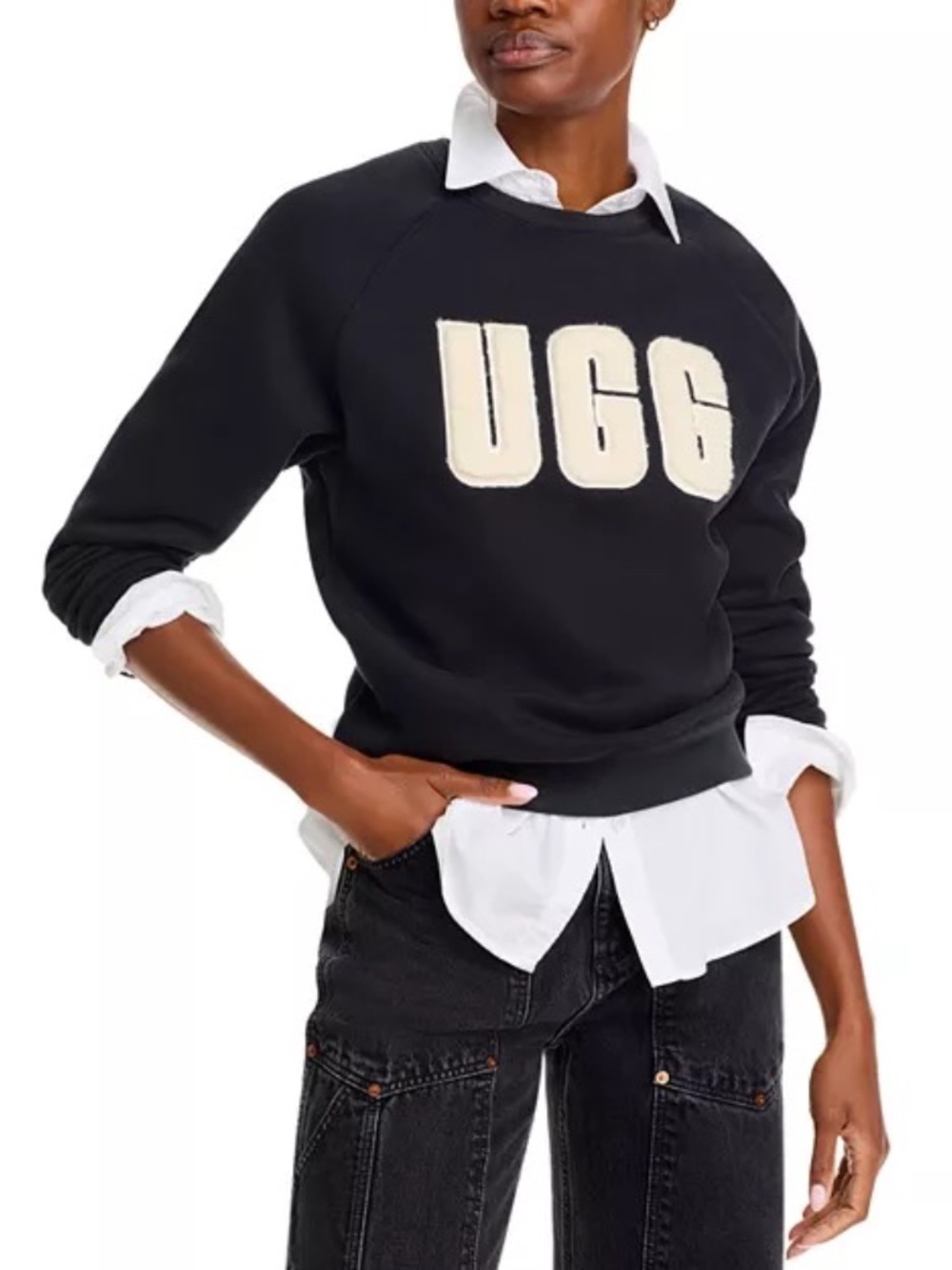 UGG Madeline Fuzzy Logo Crewneck Sweatshirt Black Pullover Size L
